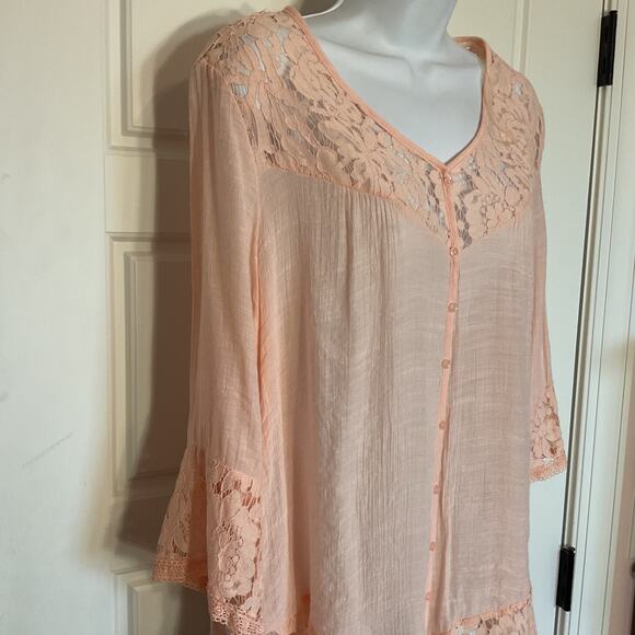 Zac & Rachel Peach Crochet Trim Semi Sheer Boho/Peasant Top Sz M - Picture 3 of 8